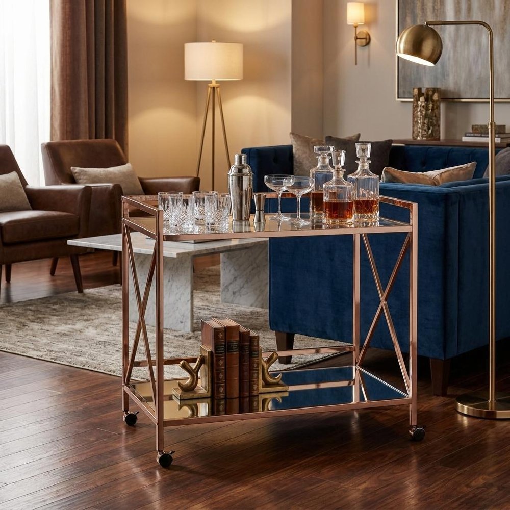 Gold Metal And Glass Rolling Bar Cart
