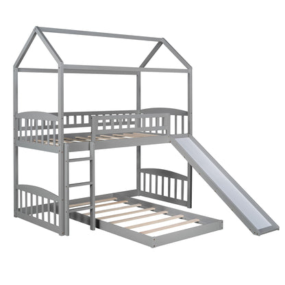 Gray Playhouse Frame Full Over Full Perpendicular Bunk Bed with Slide