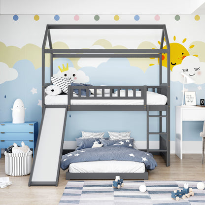 Gray Playhouse Frame Full Over Full Perpendicular Bunk Bed with Slide