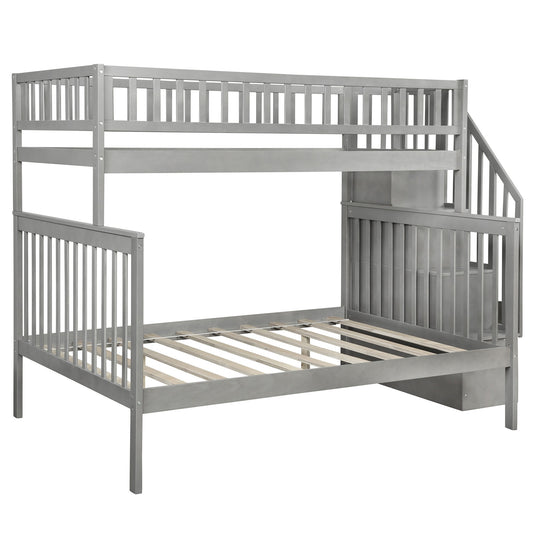 Gray Twin Over Full Farmhouse Style Bunk Bed with Staircase