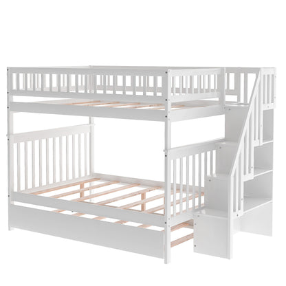 White Full Over Full Farmhouse Style Bunk Bed with Trundle and Staircase