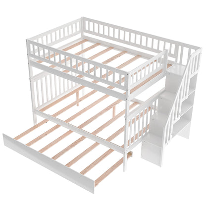 White Full Over Full Farmhouse Style Bunk Bed with Trundle and Staircase