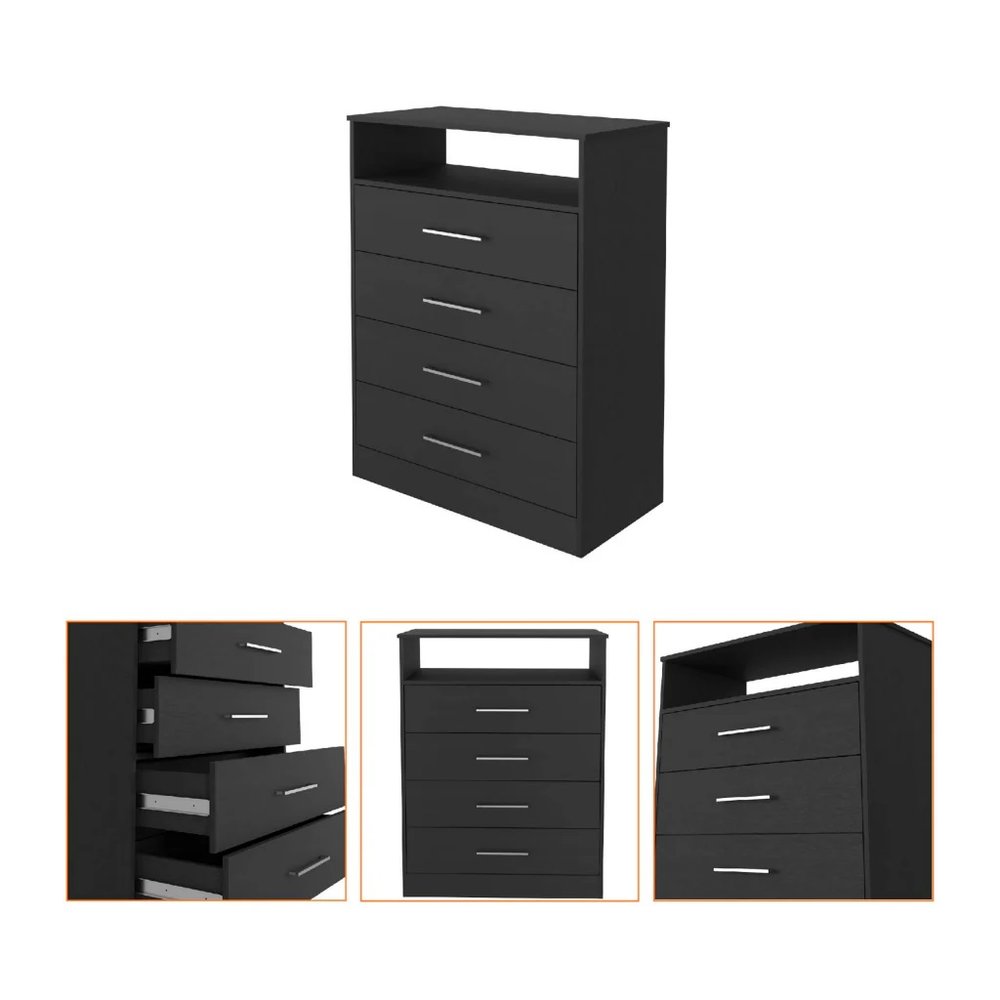 31" Black Wood And Metal Four Drawer Dresser
