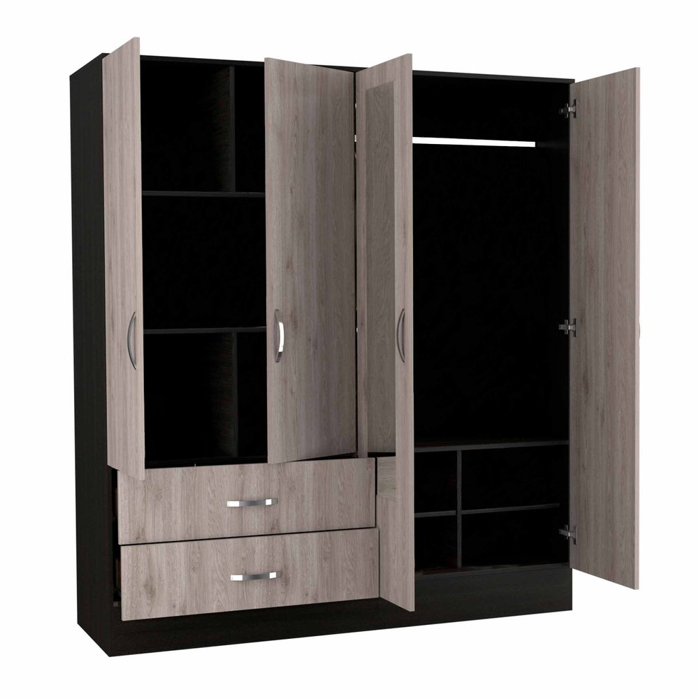 71" Black And Brown Wood And Metal Mirrored Four Door Two Drawer Combo Dresser