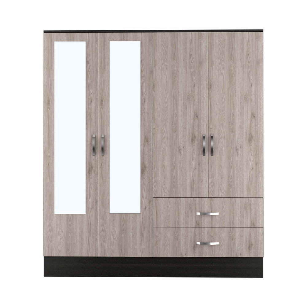 71" Black And Brown Wood And Metal Mirrored Four Door Two Drawer Combo Dresser