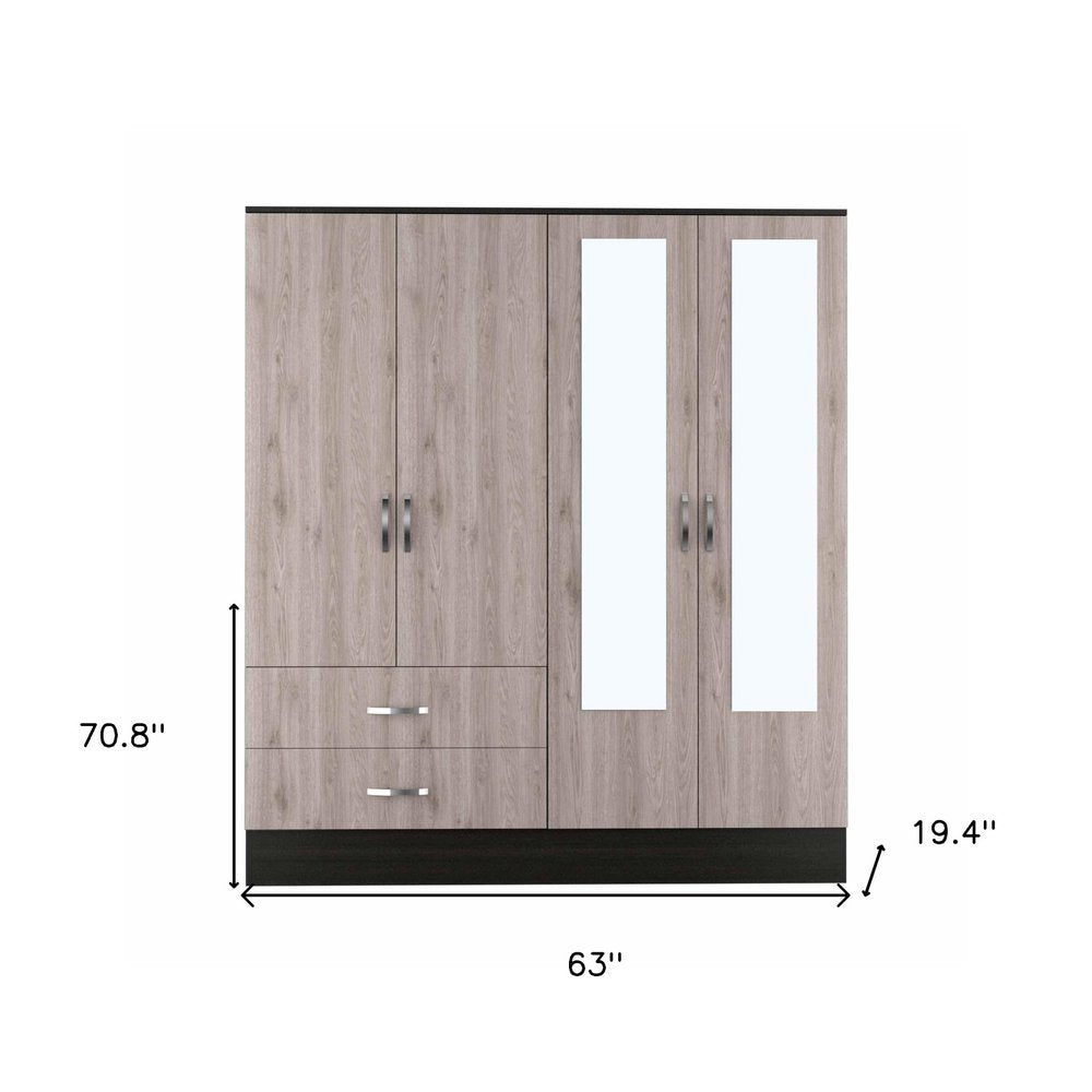 71" Black And Brown Wood Mirrored Four Door Two Drawer Combo Dresser