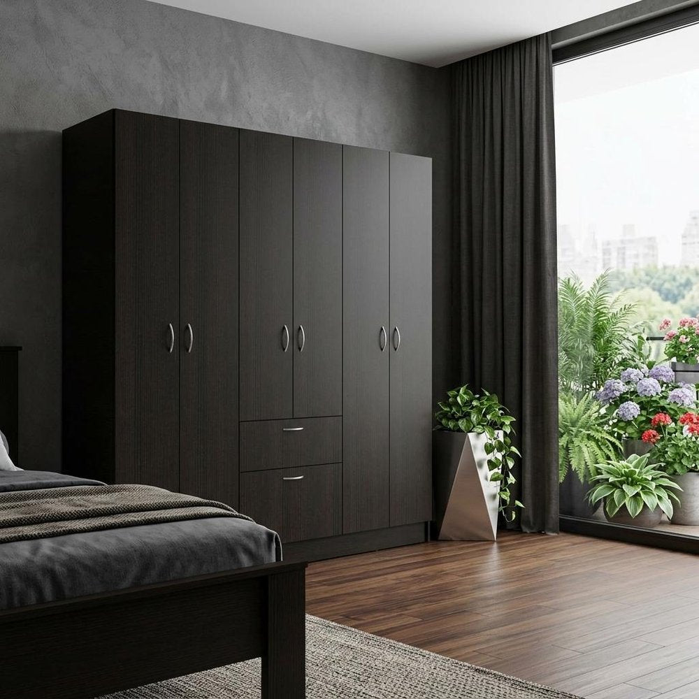 71" Black Wood And Metal Six Door Two Drawer Combo Dresser