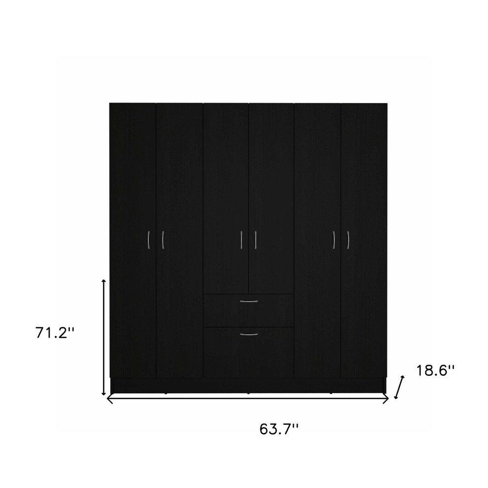 71" Black Wood Six Door Two Drawer Combo Dresser