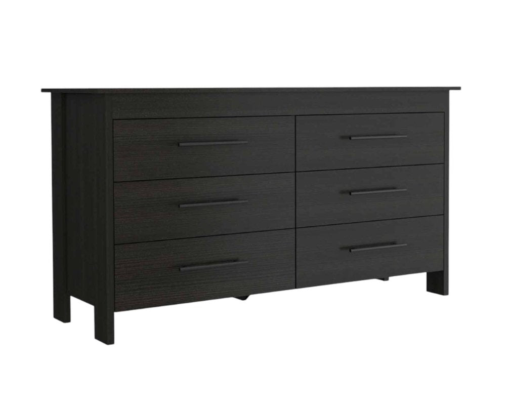 59" Black Wood Six Drawer Double Dresser