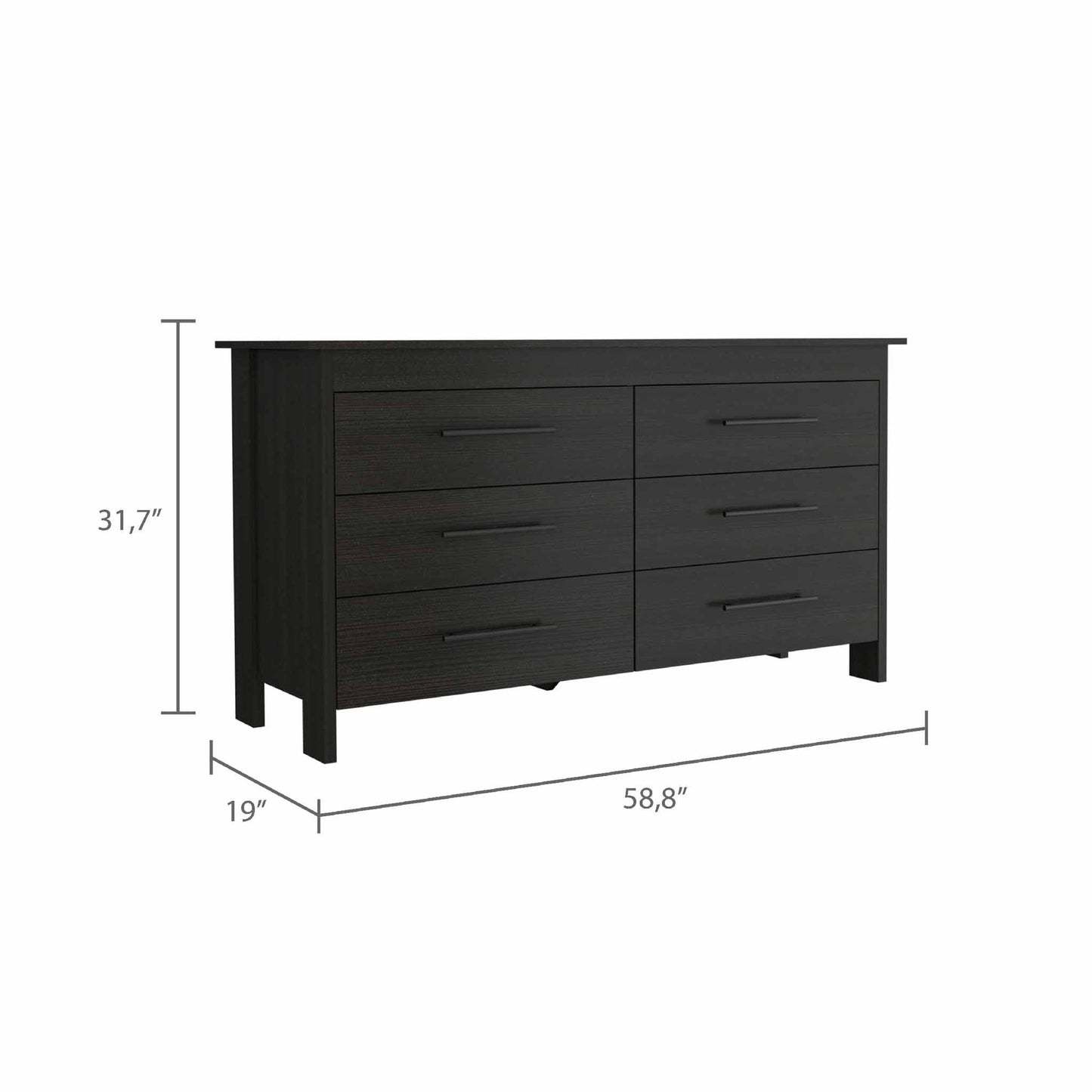 59" Black Six Drawer Double Dresser