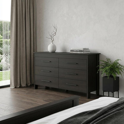 59" Black Wood Six Drawer Double Dresser