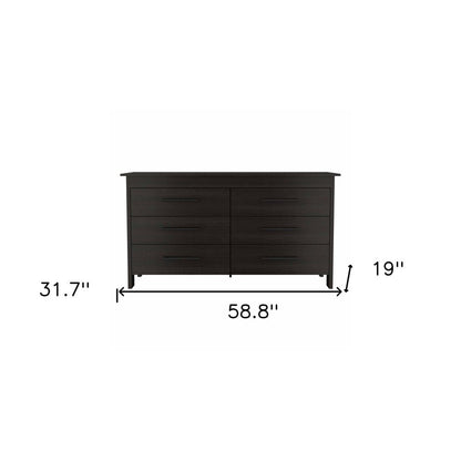 59" Black Wood Six Drawer Double Dresser