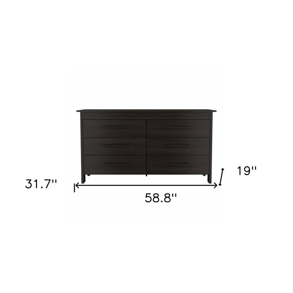 59" Black Wood And Metal Six Drawer Double Dresser