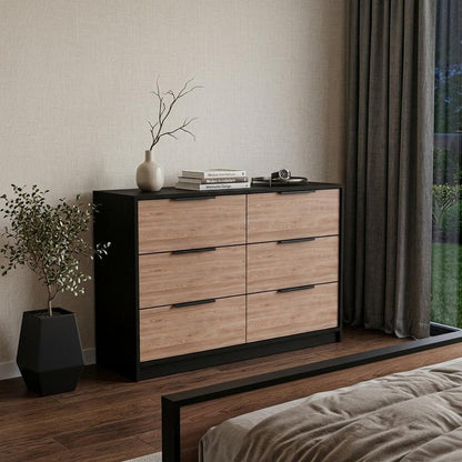 31" Black And Brown Wood And Metal Two Door Four Drawer Combo Dresser