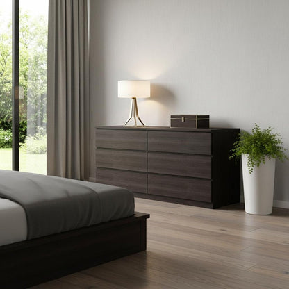 60" Black Wood Six Drawer Double Dresser