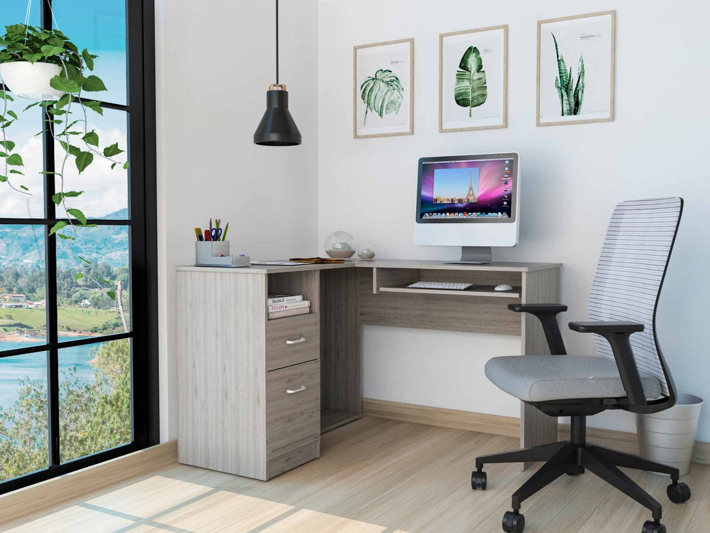 41" Light Gray L Shape Computer Desk With Two Drawers