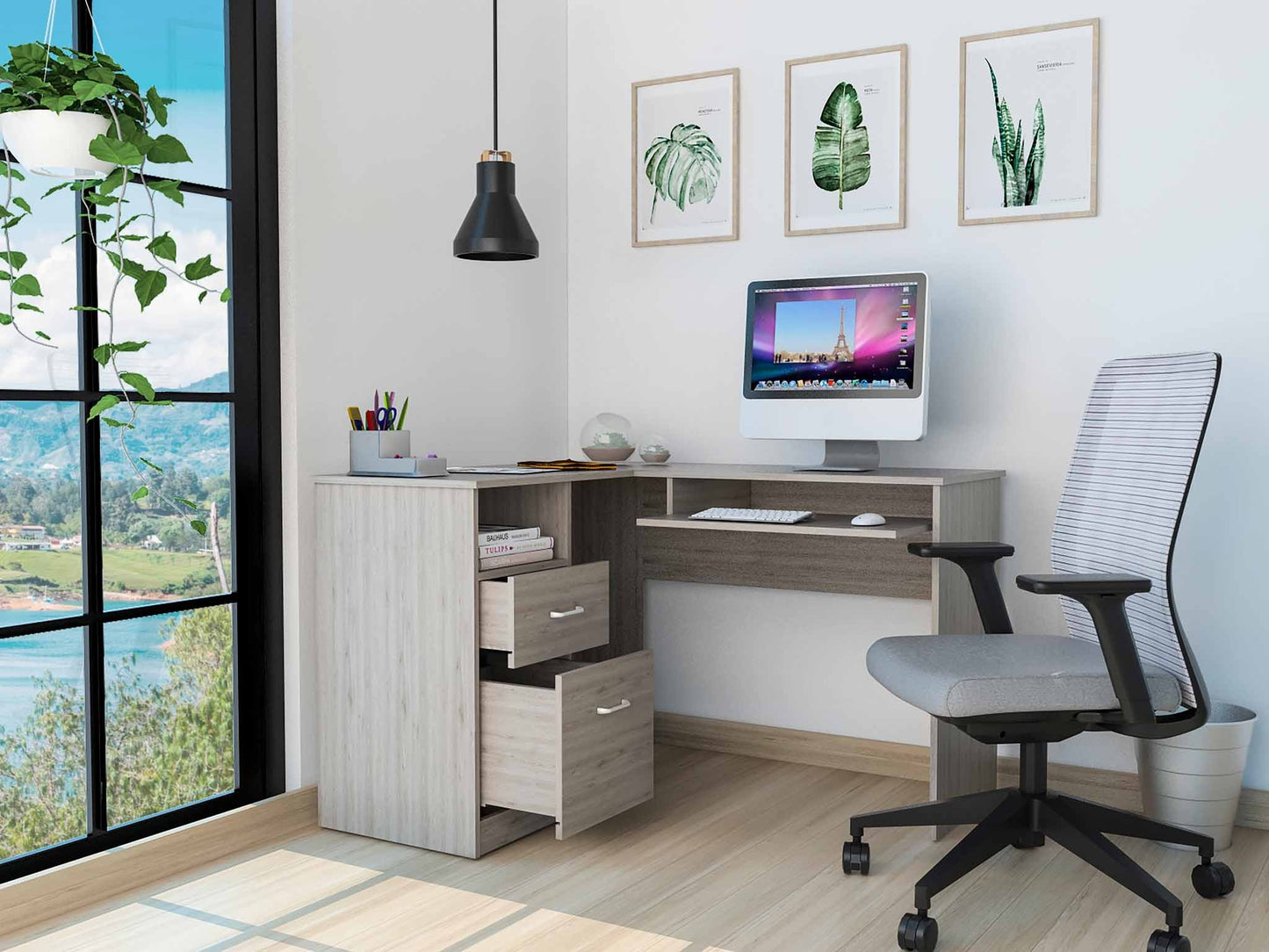 41" Light Gray L Shape Computer Desk With Two Drawers