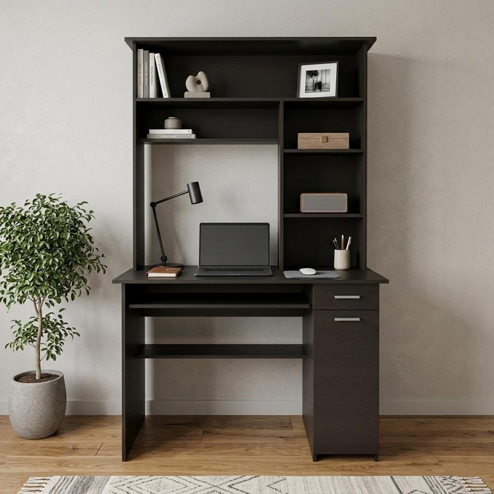 43" Black Computer Desk With Hutch