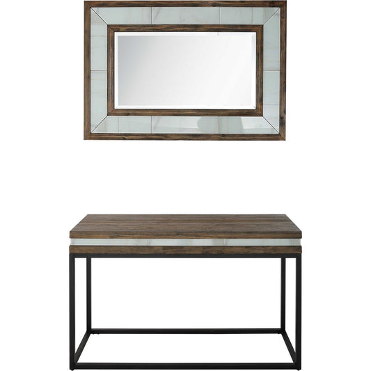 47" Brown White and Black Solid Wood And Faux Marble Sled Console Table
