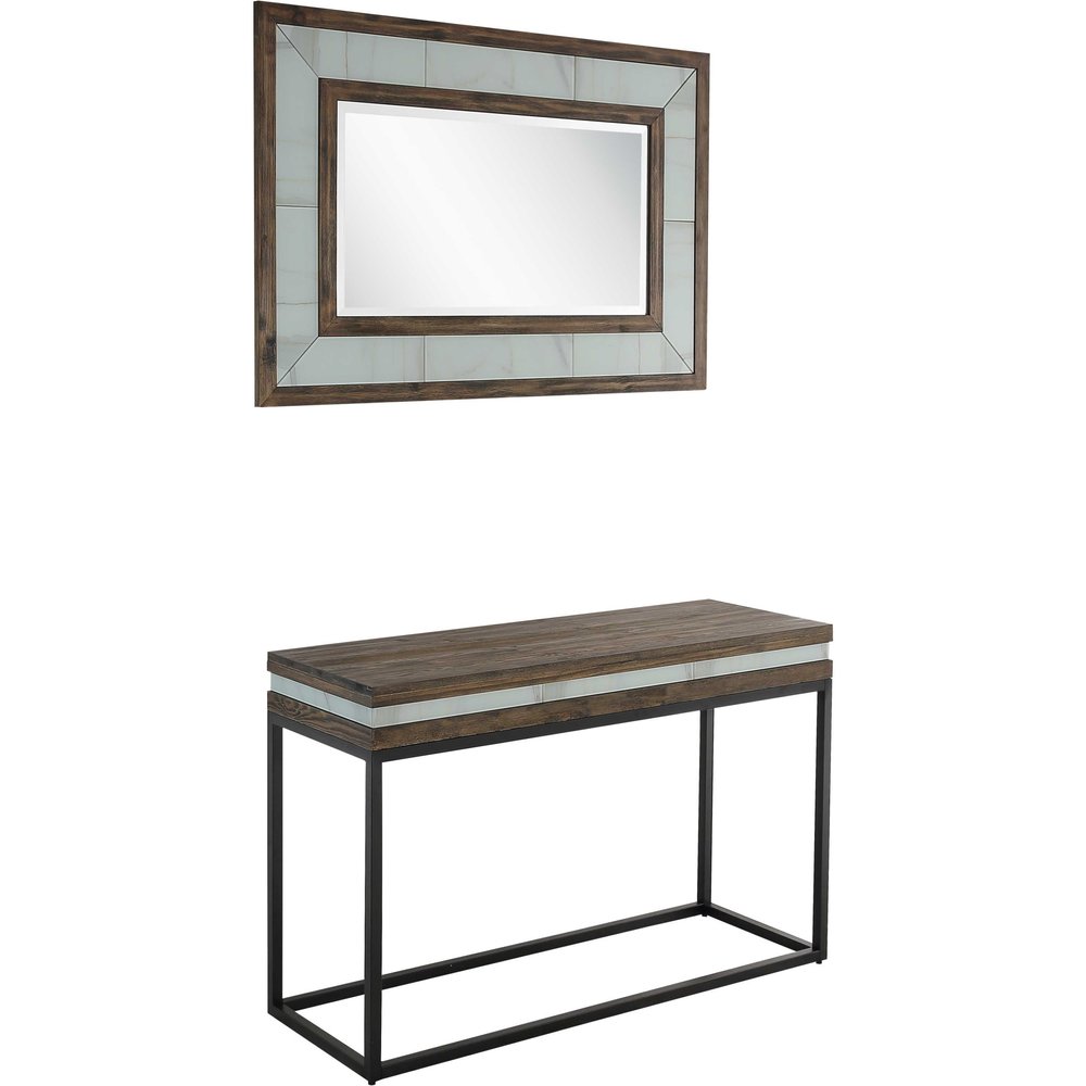 47" Brown White and Black Solid Wood And Faux Marble Sled Console Table
