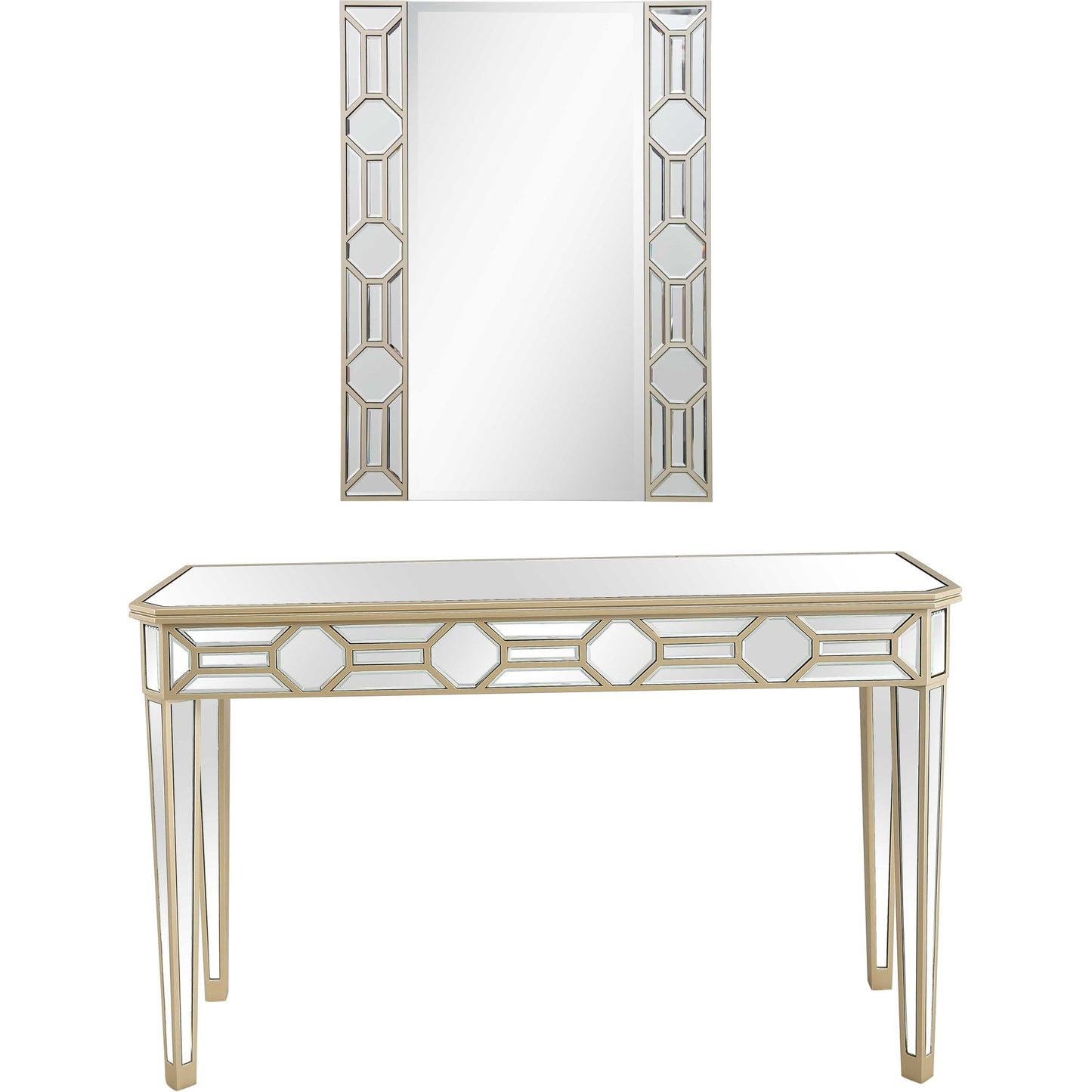 Set of Two 47" Silver and Champagne Mirrored Glass Console Table and Mirror