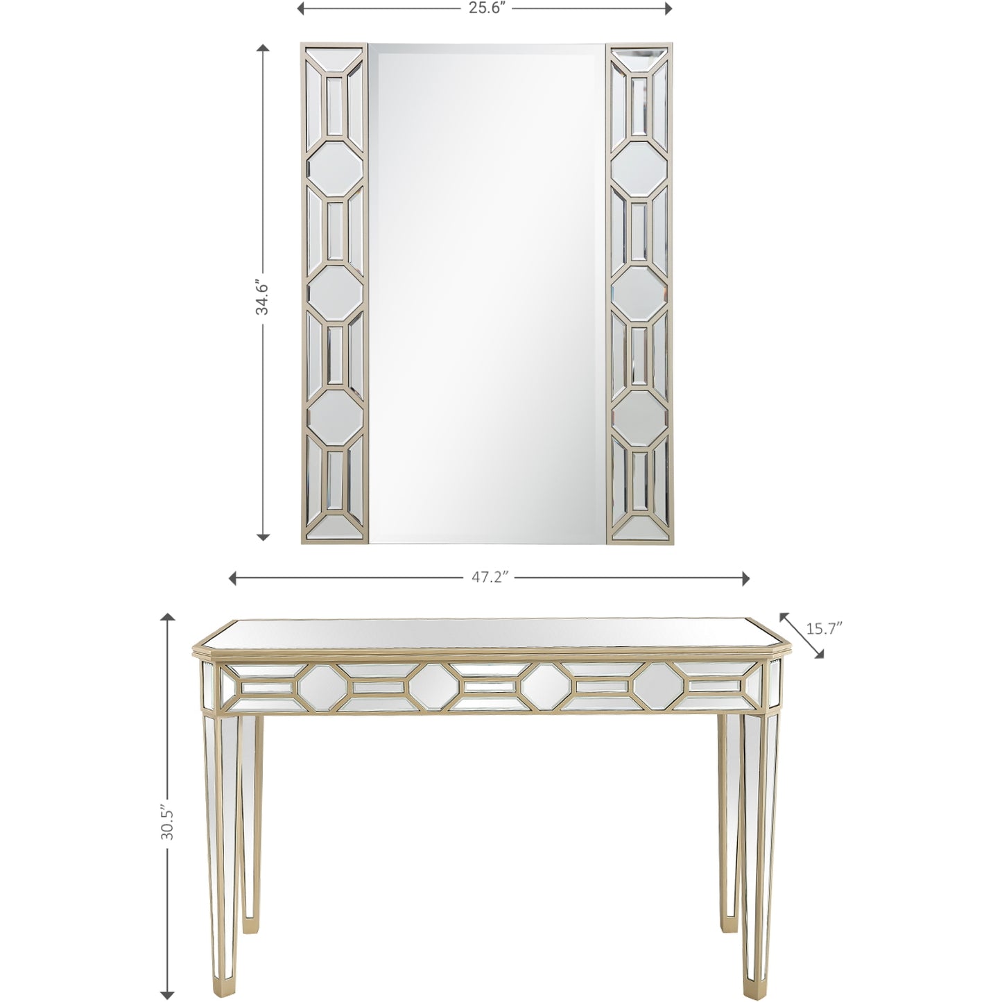 Set of Two 47" Silver and Champagne Mirrored Glass Console Table and Mirror