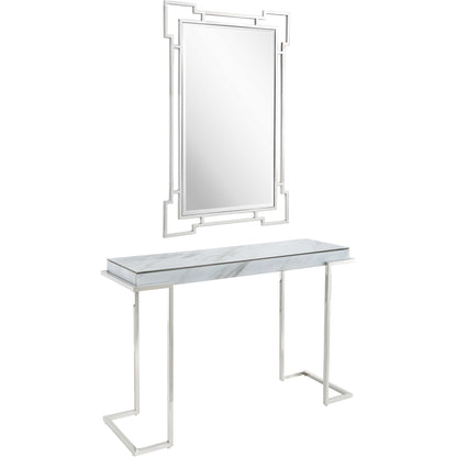 Set of Two 46" White and Silver Faux Marble Mirrored Sled Console Table