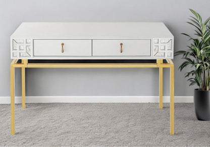 47" White and Gold Wood Console Table With Two Drawers