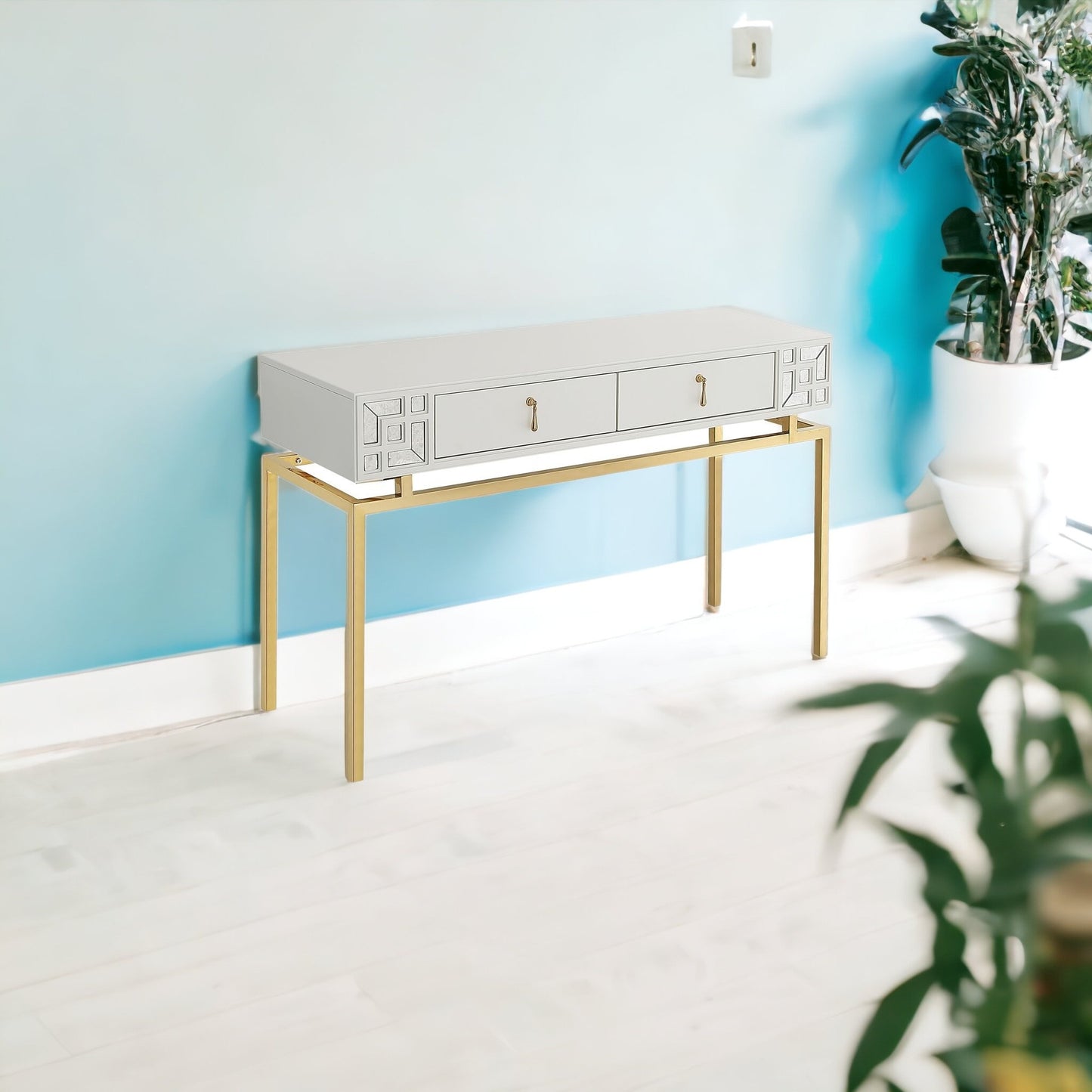 47" White and Gold Mirrored Console Table And Drawers