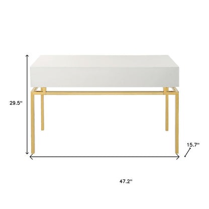 47" White and Gold Wood Console Table With Two Drawers
