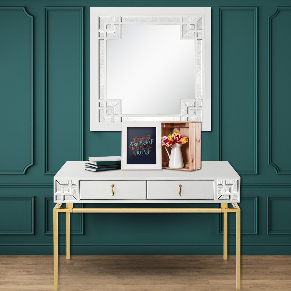 47" White and Gold Mirrored Wood Console Table With Two Drawers