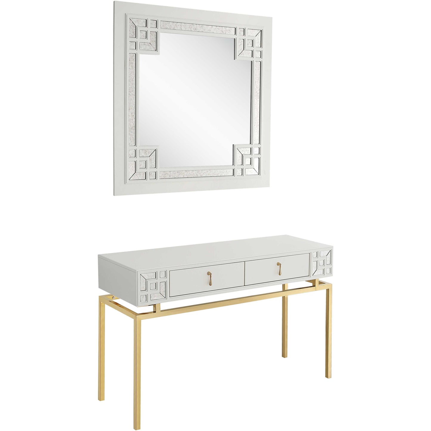 Set of Two 47" White and Gold Solid Wood Mirrored Console Table And Drawers