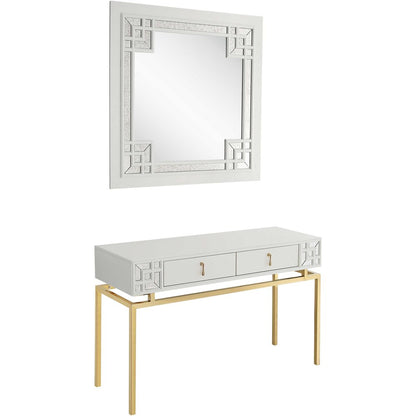 47" White and Gold Mirrored Wood Console Table With Two Drawers