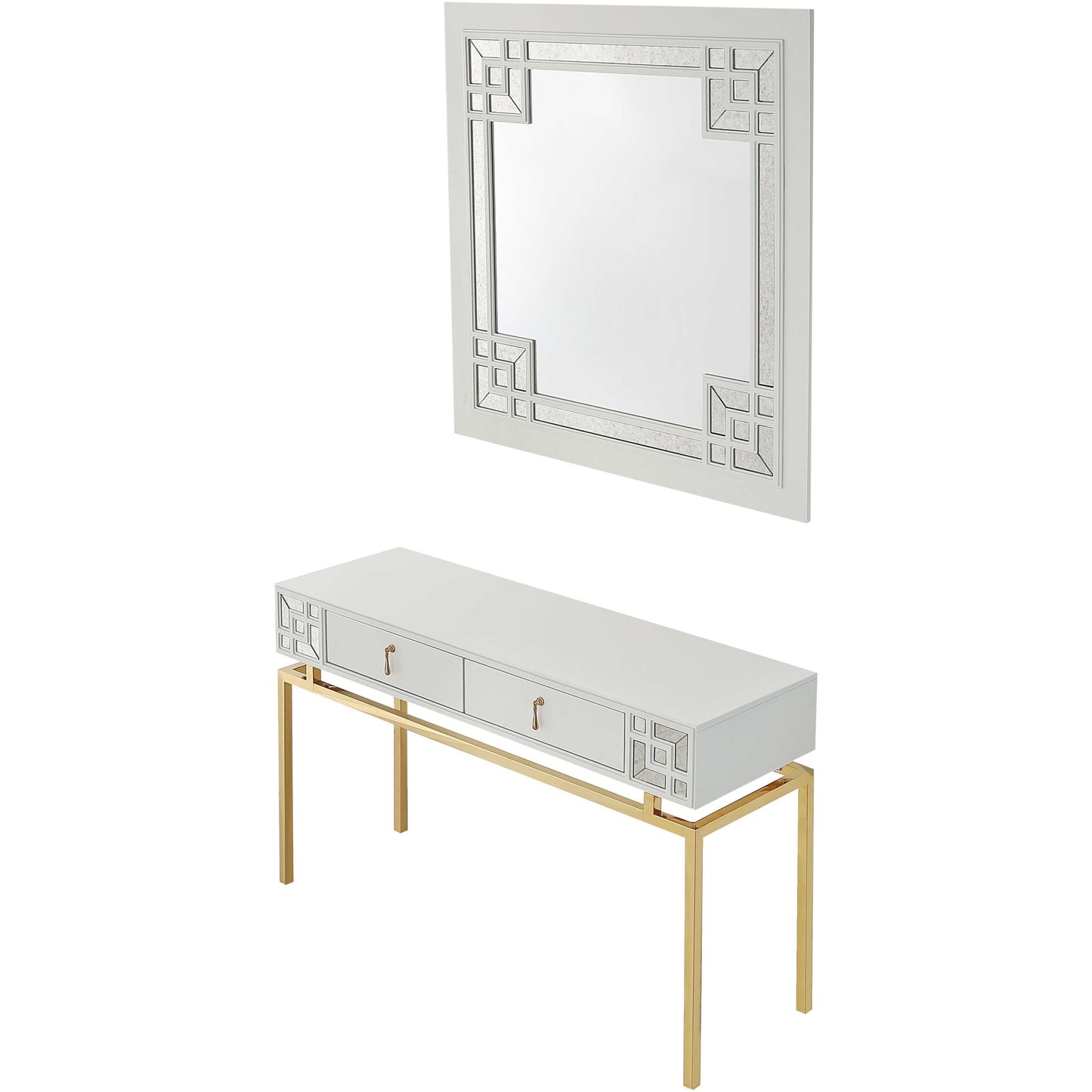 Set of Two 47" White and Gold Solid Wood Mirrored Console Table And Drawers