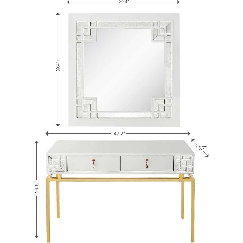 47" White and Gold Mirrored Wood Console Table With Two Drawers