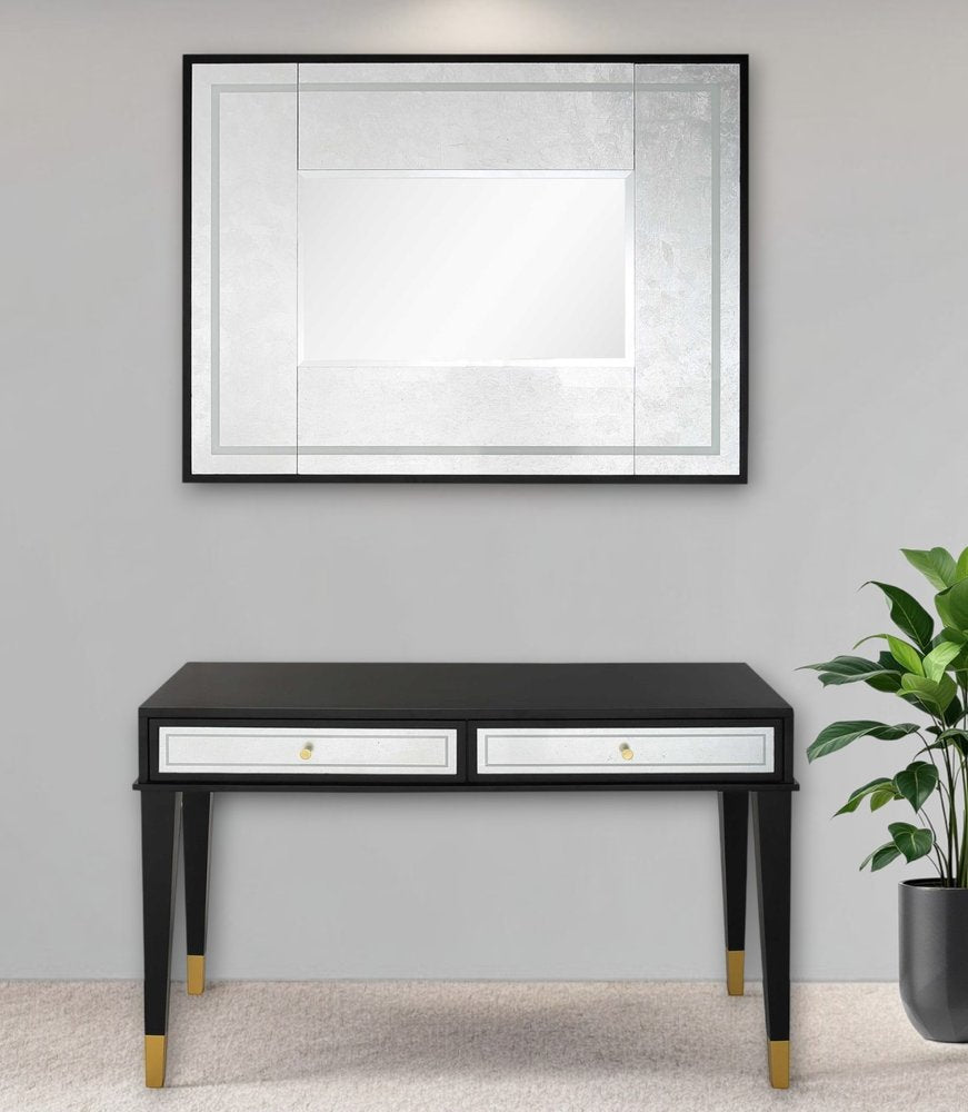47" Black And Silver Mirrored Wood And Glass Console Table With Two Drawers