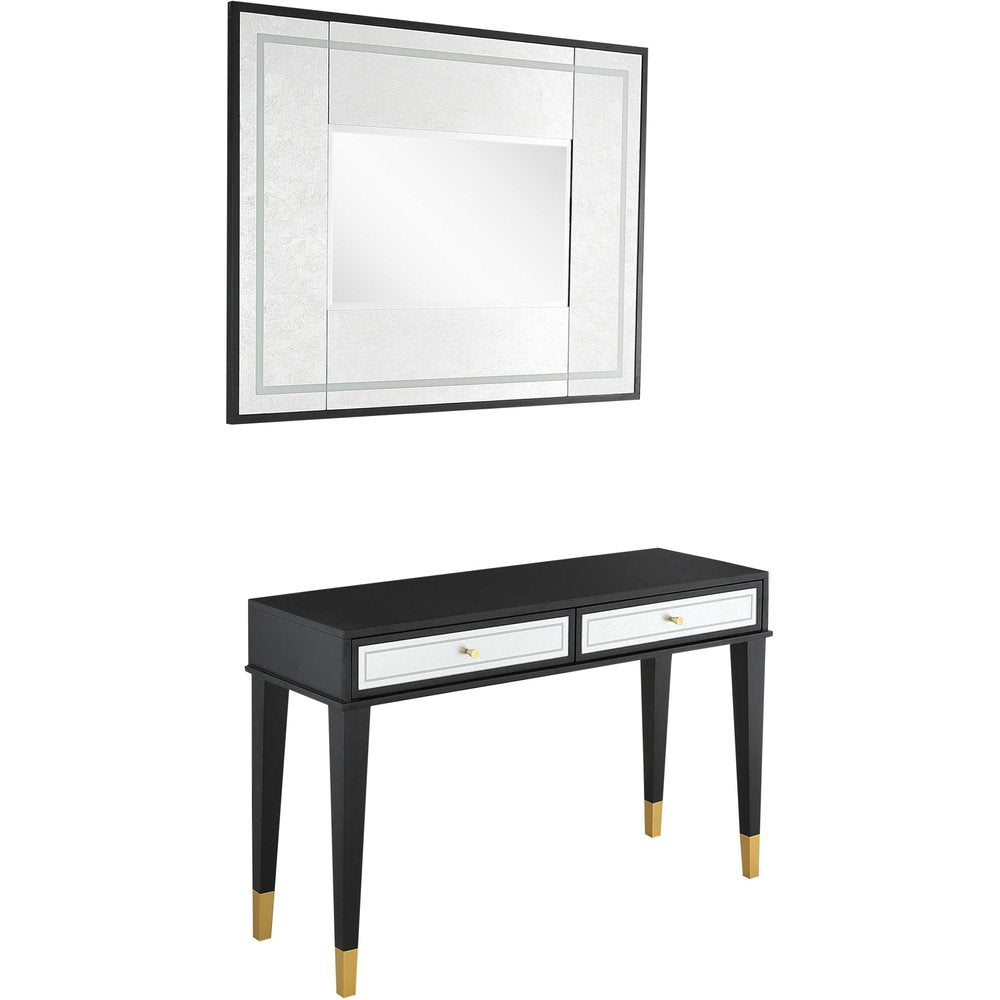 47" Black And Silver Mirrored Wood And Glass Console Table With Two Drawers
