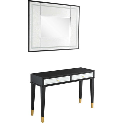 47" Black And Silver Mirrored Wood And Glass Console Table With Two Drawers
