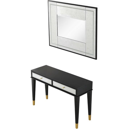47" Black And Silver Mirrored Wood And Glass Console Table With Two Drawers