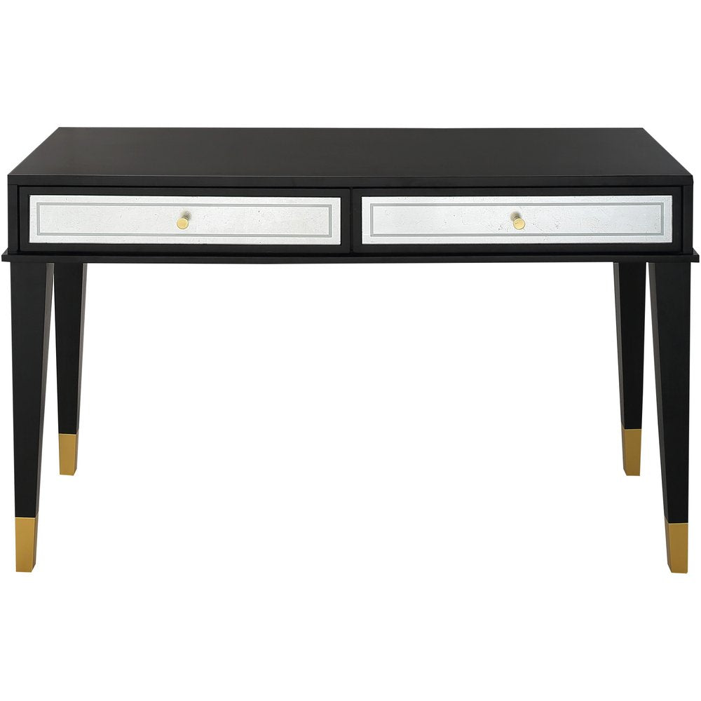 47" Black And Silver Mirrored Wood And Glass Console Table With Two Drawers