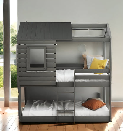 Gray Twin Over Twin Bunk Bed with Roof