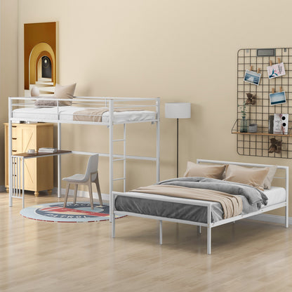 White Twin Over Full Size Metal Bunk Bed with Desk