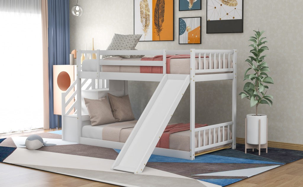 White Twin Over Twin Bunk Bed with Stairway and Slide