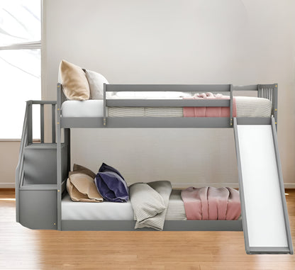 Gray Twin Over Twin Bunk Bed with Stairway and Slide