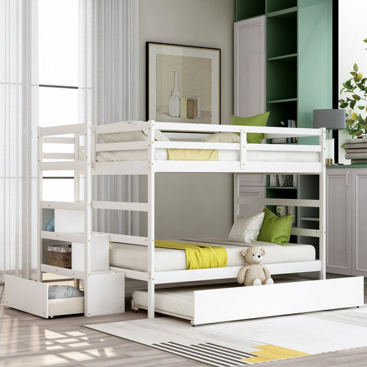 White Full Over Full Contemporary Bunk Bed With Stairs