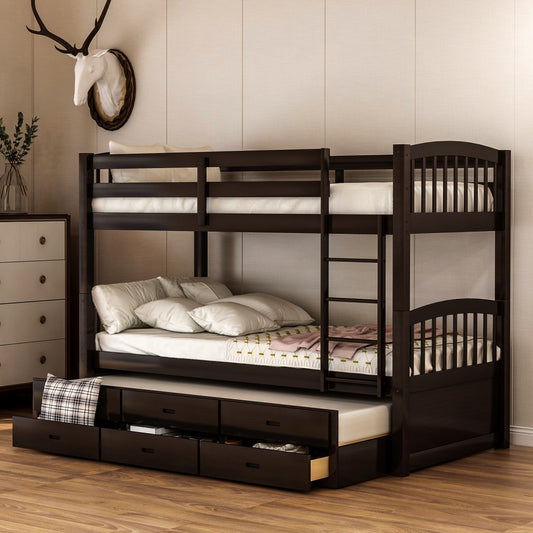 Twin over Twin Wood Bunk Bed Trundle Drawers Espresso