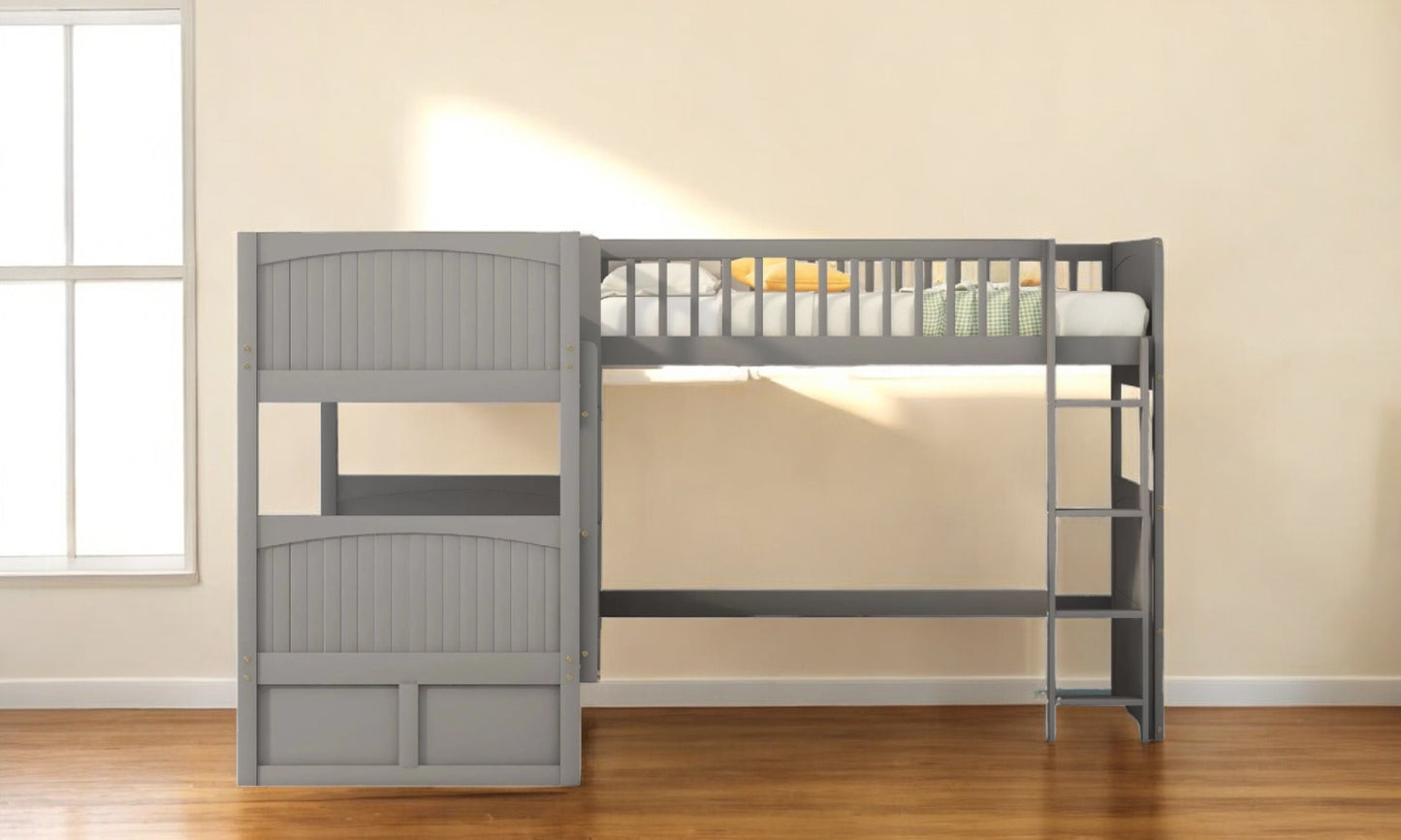 Gray Twin Size Bunk Bed with attached Loft Bed and Drawers