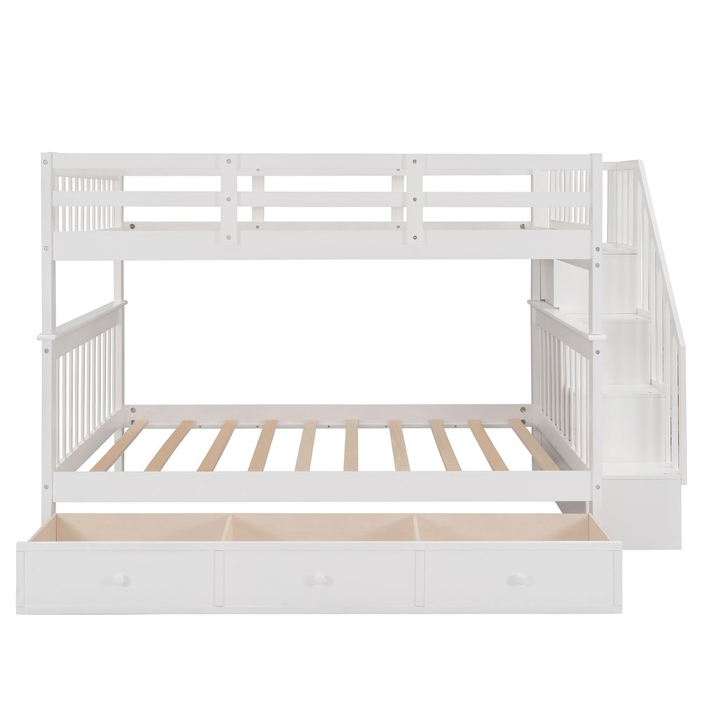 White Double Full Size Stairway Bunk Bed With Drawer