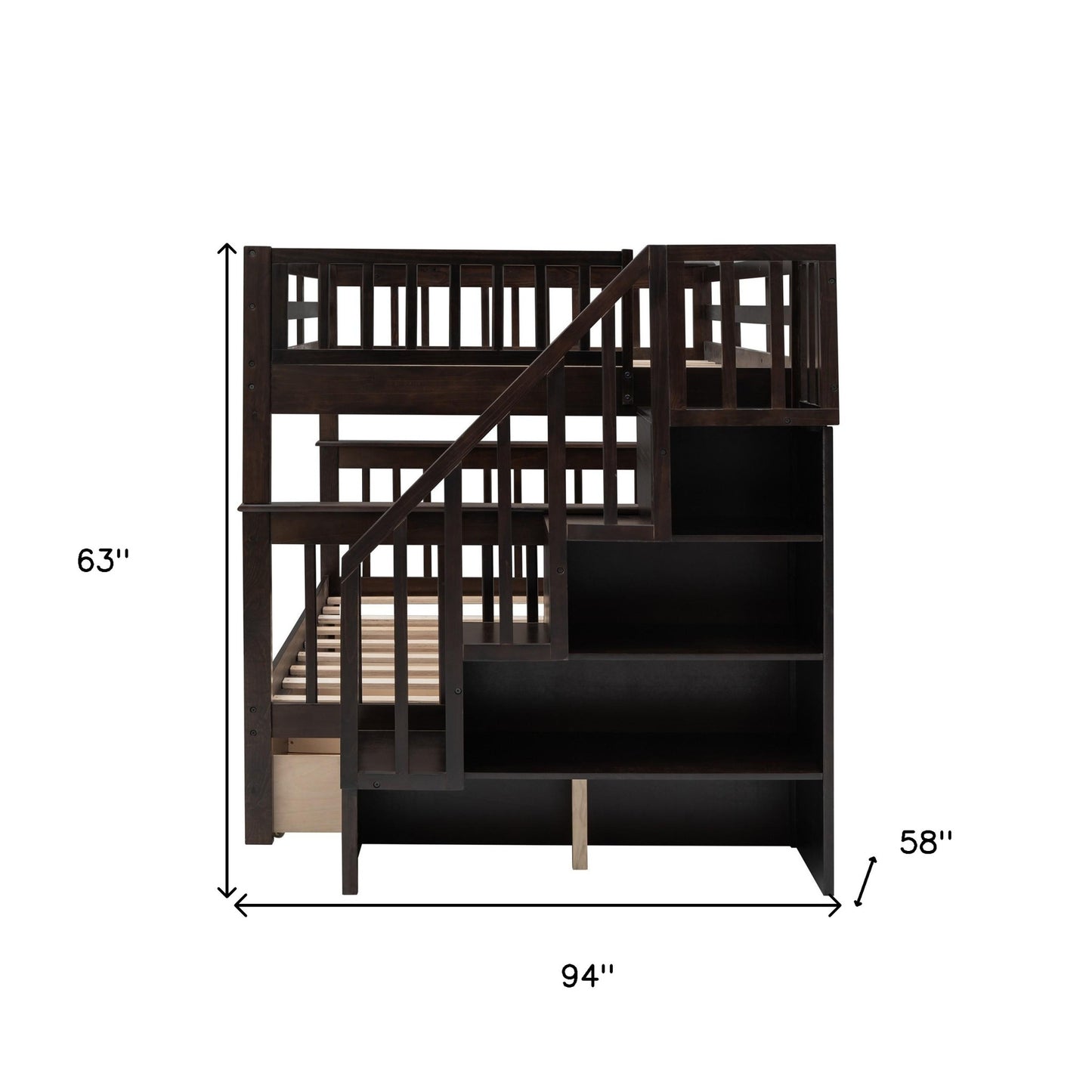 Brown Double Full Size Stairway Bunk Bed With Drawer