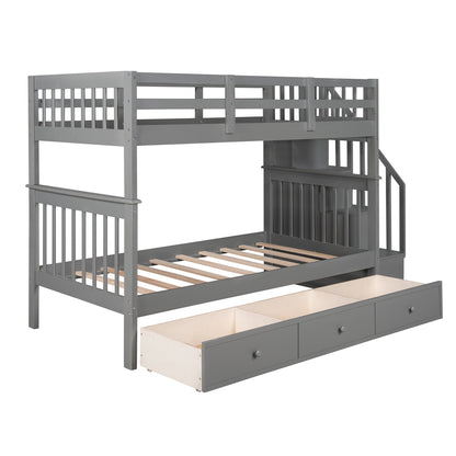 Gray Twin Over Twin Bunk Bed with Stairway and Drawers